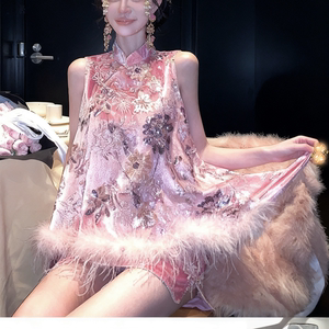 
Earth Store [Hibiscus Jade Dew] New Chinese Style Velvet Sequin Embroidered Diagonal Vest + Skirt Suit