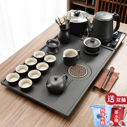 Black Porcelain Tea Set Complete Set of Kung Fu Tea Set for Home Use, Simple Living Room Office Tea Table with Automatic Kettle