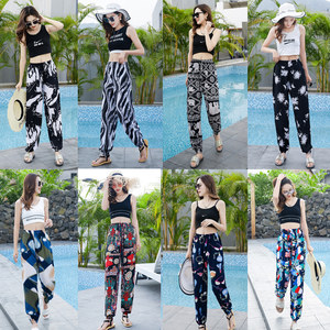 Women's anti -mosquito pants summer thin artificial silk silk trousers cotton silk long flower pants casual Haron pants adult beach pants
