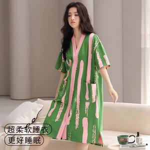 
Nightgown with chest pad for women in summer day pure cotton short-sleeved striped cardigan mid-length V-neck 2025 new pajamas