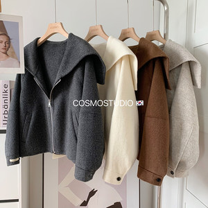 
South Korea's Dongdaemun navy large lapel zipper double-sided woolen woolen coat short for small people 2025 autumn and winter