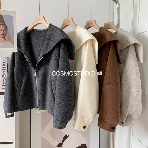 
South Korea's Dongdaemun navy large lapel zipper double-sided woolen woolen coat short for small people 2025 autumn and winter