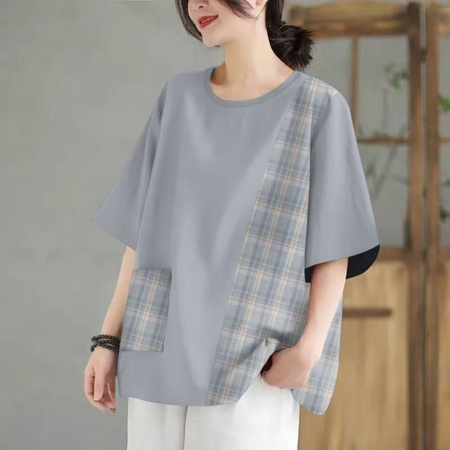 2025 summer round neck short sleeve pocket T-shirt printed Korean style fashionable versatile loose slim top women's large size
