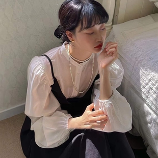 法式大灯笼袖珠光衬衫