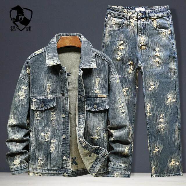 High -end jacquard grinding denim jackets are male loose and velvet ...