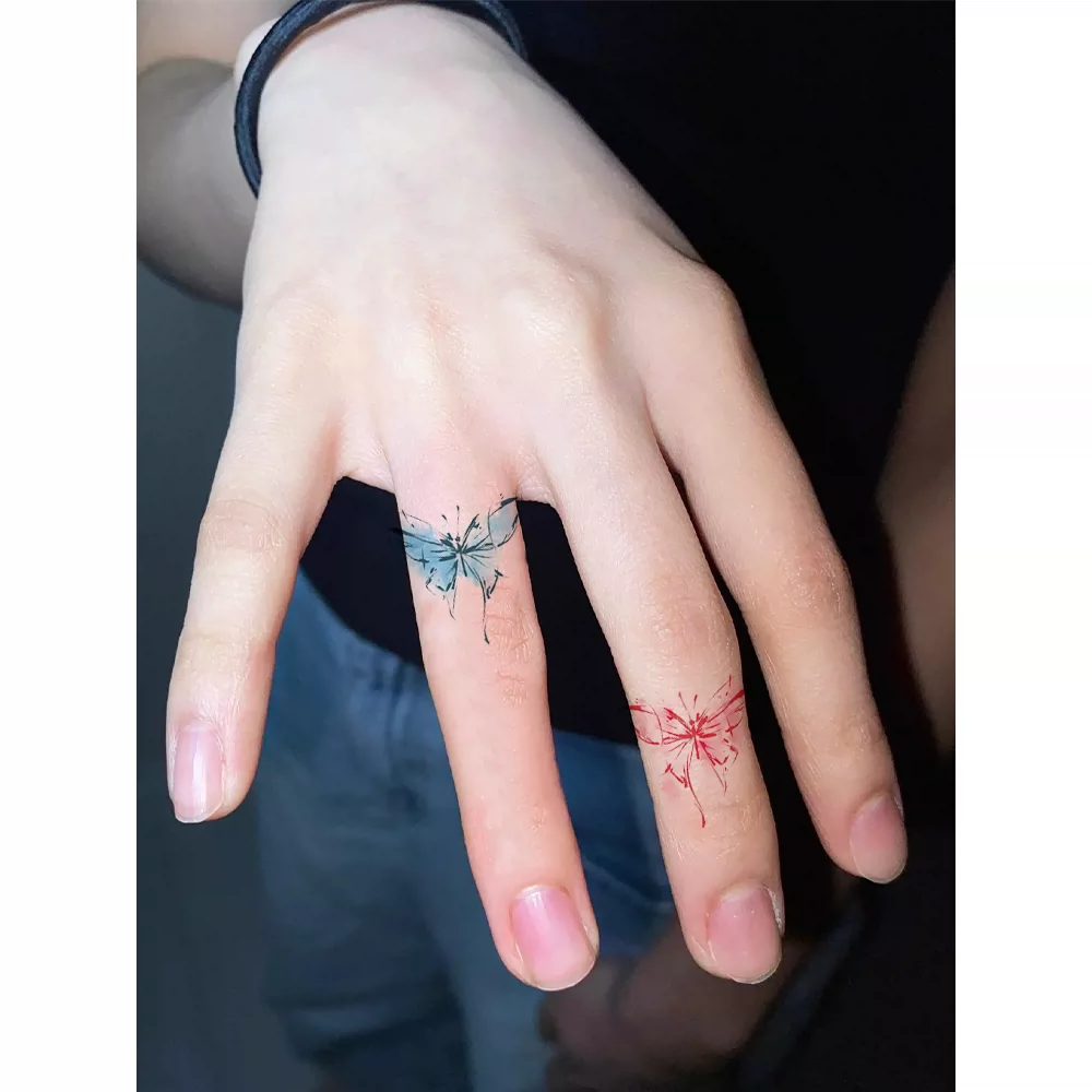 butoo 红蓝鸳鸯渐变蝴蝶纹身贴女防水持久纹身贴纸手指纹身贴彩色