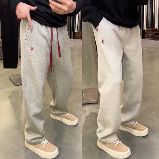 
Autumn and winter trendy brand war horse embroidered scimitar straight casual pants for men, versatile plus velvet warm sports wide-leg sweatpants