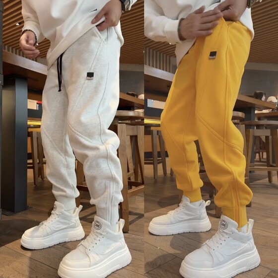 Autumn and winter men's high -grade zipper pants feet sports casual pants plus thickened cold protection warm beam Harn pants
