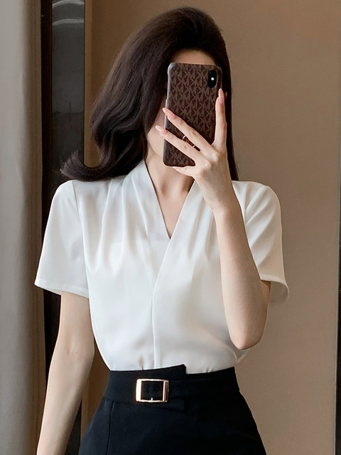 Chiffon shirt women's V-neck long-sleeved fashion loose top professional wear bottoming shirt intellectual temperament solid color white shirt