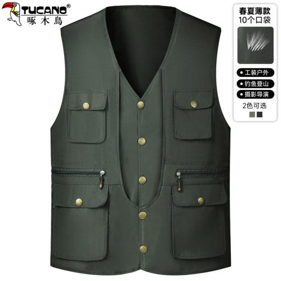 Woodpecker middle-aged and elderly vest men's spring and autumn thin workwear casual multi-pocket vest for grandfather, elderly and dad
