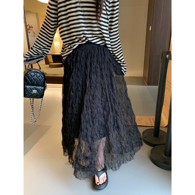 HVIVI wrinkled texture elastic waist mesh skirt for women in summer 2025 new versatile slim A-line umbrella skirt