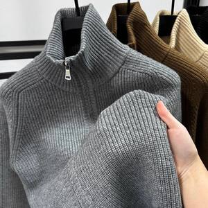 Heavy thick needle turtleneck cardigan sweater jacket men's double zipper stand-up collar knit jacket thickened warm autumn and winter style