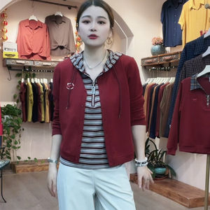 
Autumn new fake two-piece hooded women's base shirt striped pullover boutique women's casual slightly loose top