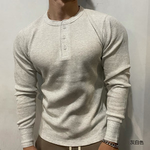 New sports and casual solid color high quality pure cotton body waffle slim fit men's Henry neck long-sleeved T-shirt
