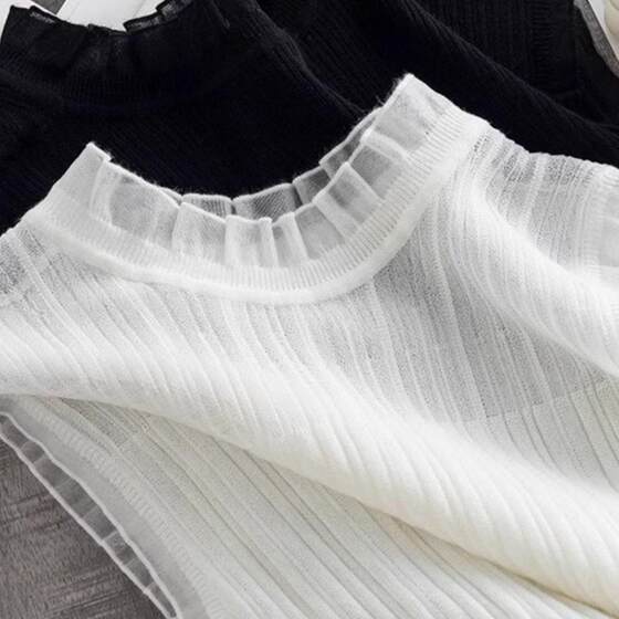 Mesh half-high neck knitted suspender vest for women with inner bottom shirt sleeveless short top lace sweater
