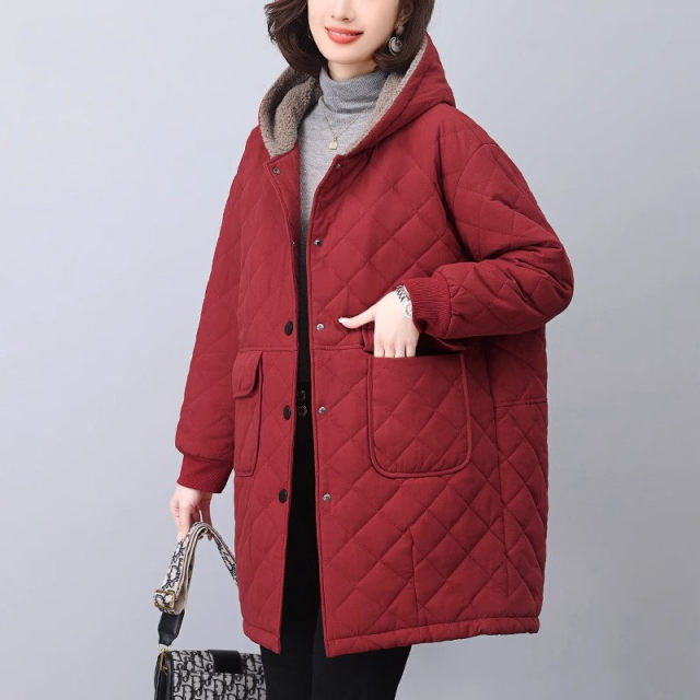 Diamond cotton coat for women's mid-length cotton coat with velvet thickened autumn and winter middle-aged mother's cotton coat ~ Clearance special price
