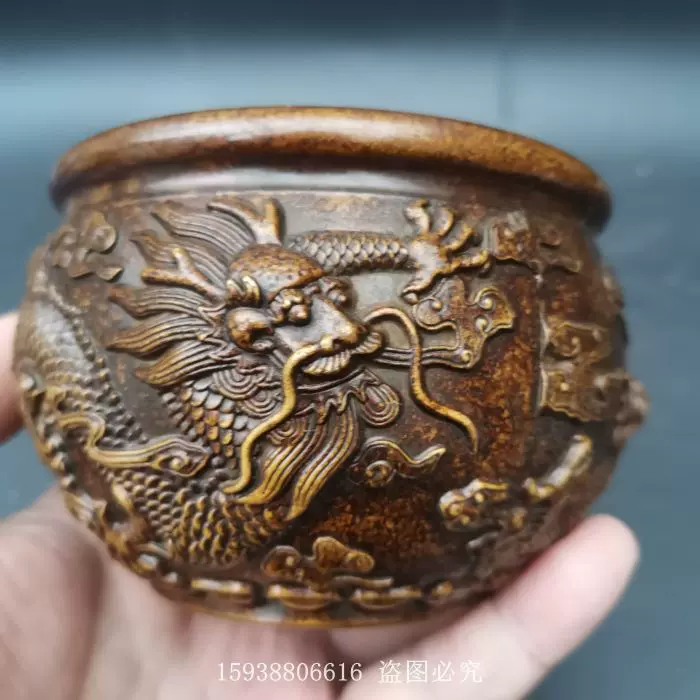 古玩铜器古董收藏仿古纯黄铜仿紫铜浮雕双龙铜缸大明宣德款烟缸-Taobao