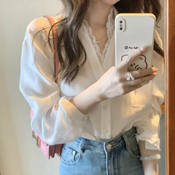 Lace-Trimmed White Shirt for Women, Spring and Autumn, Petite Size, V-Neck Shirt, Loose Casual Design, Long-Sleeved Top