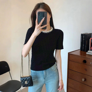 
Qingqing French Niche 2026 Spring and Summer Graceful Temperament Pearl Round Neck Puff Sleeve Cable Pullover Sweater