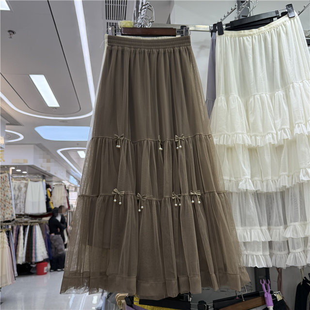 Sweet beaded bow mesh skirt skirt spring and summer new high-waisted spliced ​​cake skirt fairy skirt gauze skirt