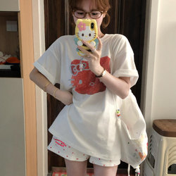 Pure Cotton White Bowknot Sports Shorts for Women, Summer Loose Letter Embroidery Casual Wide-Leg Home Wear Hot Pants