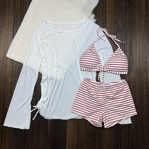 
Hot girl ins style striped split swimsuit women's three-piece conservative slimming belly-covering bikini beach vacation set