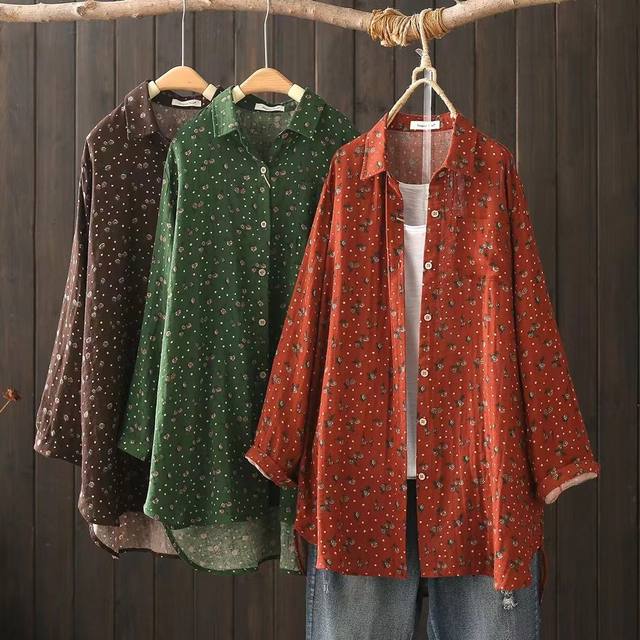 Autumn mid-length floral printed long-sleeved shirt loose casual double-layer cotton tulle cardigan jacket J93