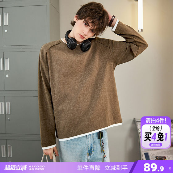 Tangshi 2026 spring and autumn men's round neck long-sleeved T-shirt men's basic solid color fake two-piece casual loose lazy style