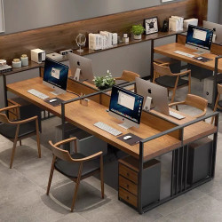 American-Style Solid Wood Office Desk, 4-Person Desk and Chair Set, Staff Desk with Cubicles, Industrial-Style Screen Partition, Office Workstation