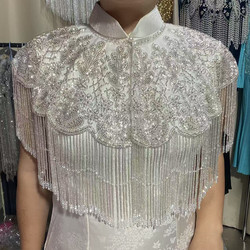 Heavy Beaded Short Tassel Cheongsam with Cloud Shoulders, Hand-Beaded, Breathable Wedding Dress, Chinese-Style Cheongsam Shawl