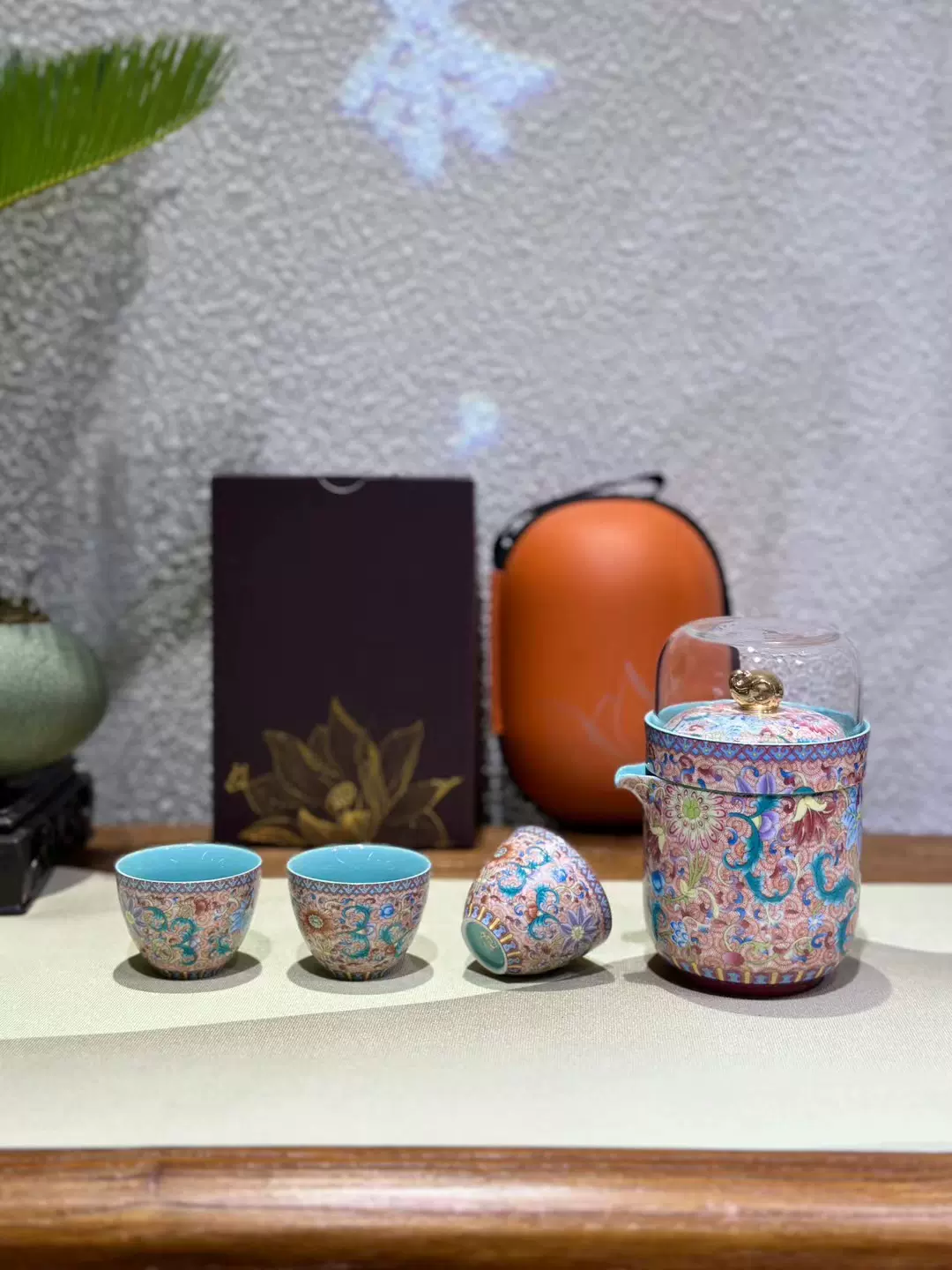 NI瓷买一送三五言六器珐琅彩瑞象旅行茶具高档送重竹托盘茶包茶夹 