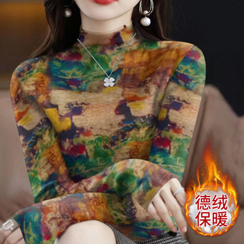 Deye warm printed T -shirt female autumn and winter new temperament mother pretend to be loose large size half -high collar head shirt
