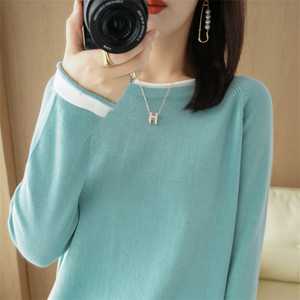 100% pure cotton bottom sweater for women with round neck, thin sweater, long sleeved, large size, fashionable and stylish top, pullover knit sweater