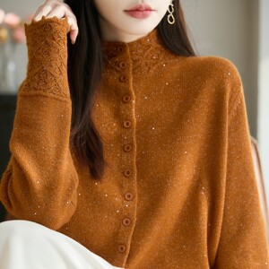 
Light luxury crocheted sequined multi-button solid color half-turtleneck sweater cardigan for women with high-end sense white loose knitted outer wear