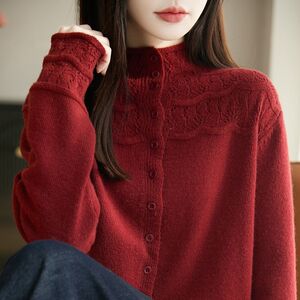 
Light and sophisticated sense of high quality hollow crochet stand collar thickened sweater cardigan for women autumn and winter warm loose large size knitted top
