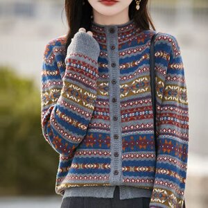 
Retro Fair Isle jacquard half turtleneck thickened sweater cardigan for women autumn and winter new single-breasted loose knitted jacket