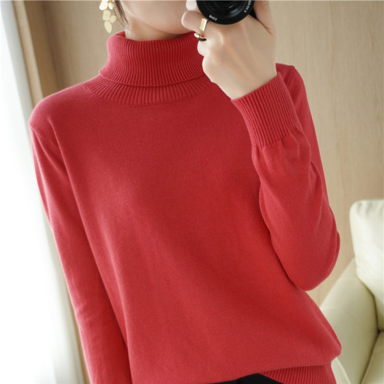 
Pure cotton thread sweater women's turtleneck versatile long-sleeved solid color pullover base sweater 2025 new autumn and winter
