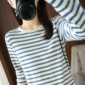 100%pure cotton autumn and winter new round neckline roll edge knit sweater female pure cotton line long -sleeved T -shirt loose and bottom