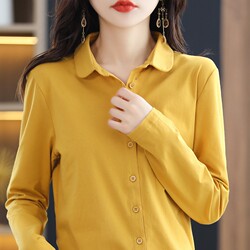Autumn and Winter Stretchy Pure Cotton Long-Sleeved Shirt for Women, Designer Niche Fashion, Loose Korean Style Shirt, Polo Collar Cardigan for Women