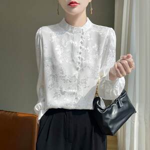 Light Guofeng White Real Silk Shirt Women's Workplace Piece in Spring Seasons Long Sleeve Store Stop Shirt Chinese Printing Total Top
