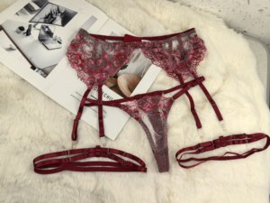 
M3XL French jacquard embroidery foreign trade sexy see-through mesh non-slip garter belt thong suit for women