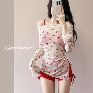 
Korean ins summer pure girl bow blouse small breast split flat angle bikini swimsuit hot spring swimsuit