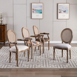 Rattan solid wood retro dining chair American distressed dining chair