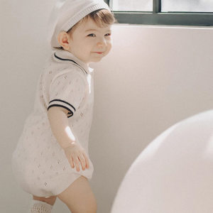 
Summer thin baby type A short-sleeved triangle jumpsuit baby knitted hollow harem lapel casual bag