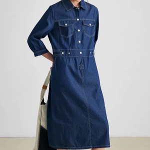 
A334 high-end denim dress for women new high-waist elastic waist design mid-length 7-point sleeve skirt