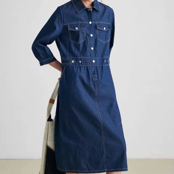 
A334 high-end denim dress for women new high-waist elastic waist design mid-length 7-point sleeve skirt