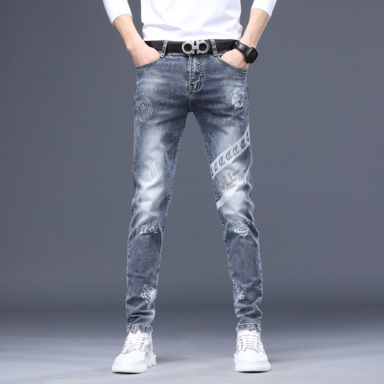 
2025 Autumn New European High-end Printed Jeans Men's Trendy Brand Slim Fit Small Feet Stretch Straight Casual Pants