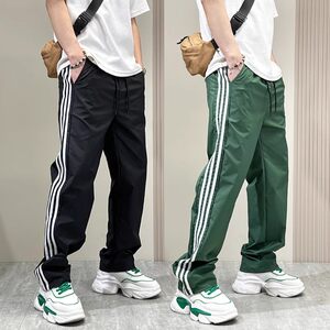 Men's new summer striped quick-drying casual pants, autumn versatile trendy brand loose straight trousers, three-stripe sweatpants
