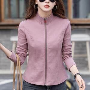 
Pure cotton cardigan sweater jacket for women's autumn new style slim long-sleeved T-shirt zipper stand collar fashionable sports and casual top