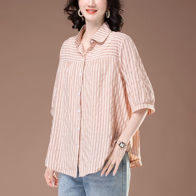 Cropped sleeve shirt for women in summer new plus size plus size women's loose mid-length trendy striped short-sleeved shirt